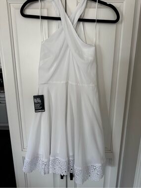 Express White Halter Dress with Lace Hem